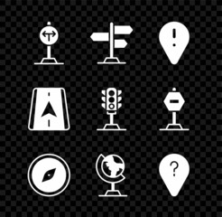 Set Fork in the road, Road traffic sign, Location with exclamation mark, Compass, Earth globe, Unknown route point, City map navigation and Traffic light icon. Vector