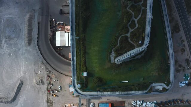 Aerial view of the Amager Bakke, Copenhill Waste-to-Energy Power Plant in Copenhagen with the ski area on the roof. 