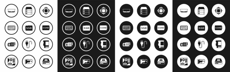 Set Processor with CPU, SSD card, Keyboard, Laptop, SSHD, Server, Data, Web Hosting, and Video graphic icon. Vector