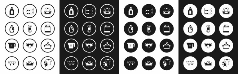 Set Basin with shirt, Yarn, Bottle for cleaning agent, Washer, Towel stack, on hanger and Measuring cup icon. Vector