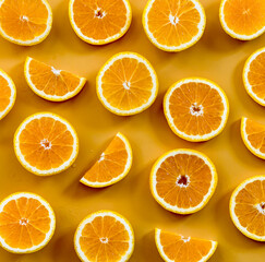 Slices of fresh oranges on orange background.