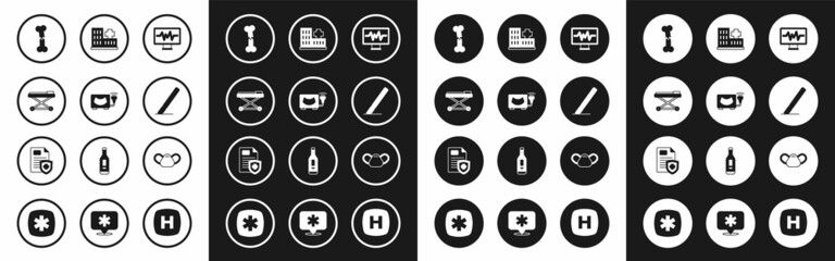 Set Monitor with cardiogram, Ultrasound, Stretcher, Human broken bone, Surgery scalpel, Hospital building, Medical protective mask and Patient record icon. Vector