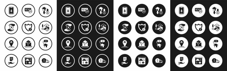 Set House with dollar, Shield, shield, Online real estate, Rent, percant and Location house icon. Vector
