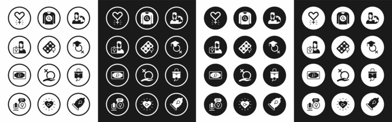 Set Women from different countries, Packaging of birth control pills, Feminist activist, Feminism, Teacher, shirt, Work for female and Money growth woman icon. Vector