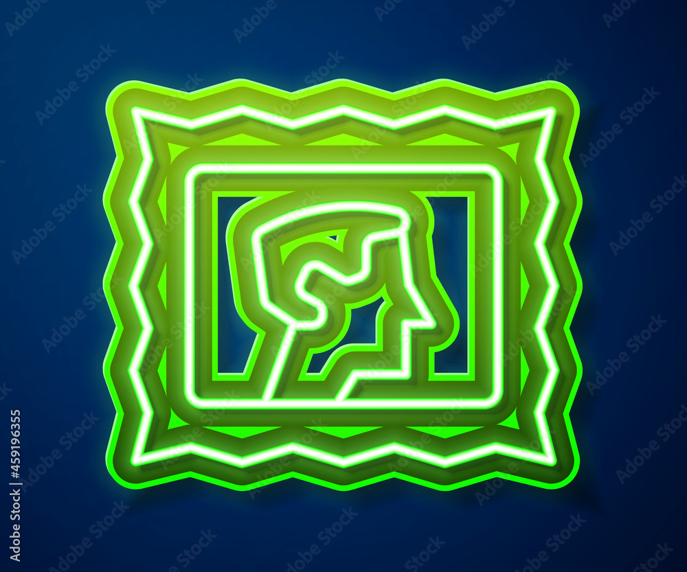 Sticker glowing neon line postal stamp icon isolated on blue background. vector