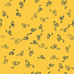 Blue line Lawn mower icon isolated seamless pattern on yellow background. Lawn mower cutting grass. Vector