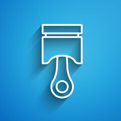 White line Engine piston icon isolated on blue background. Car engine piston sign. Long shadow. Vector
