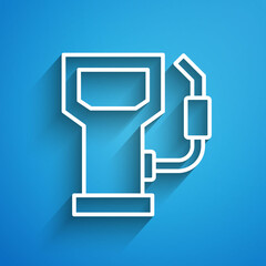 White line Petrol or gas station icon isolated on blue background. Car fuel symbol. Gasoline pump. Long shadow. Vector