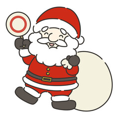 丸印の札を持ち、笑顔のサンタクロースのイラスト