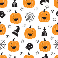 Seamless pattern design for Halloween. Halloween symbol background with ghost, pumpkin, spider. Cartoon style hand-drawn. Design for print, wallpaper, decoration, textile, vector illustration.