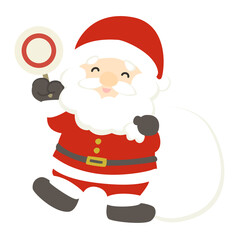 丸印の札を持ち、笑顔のサンタクロースのイラスト