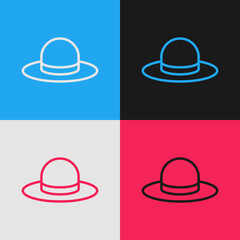 Pop art line Man hat with ribbon icon isolated on color background. Vector