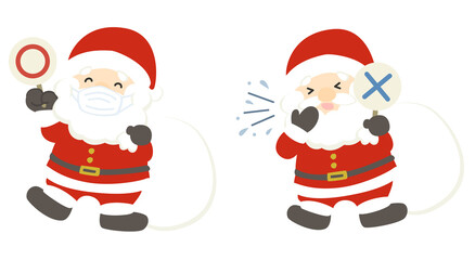 マスクをしたサンタクロースとくしゃみをしたサンタクロースのイラスト