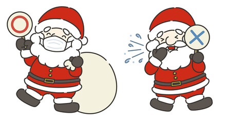 マスクをしたサンタクロースとくしゃみをしたサンタクロースのイラスト