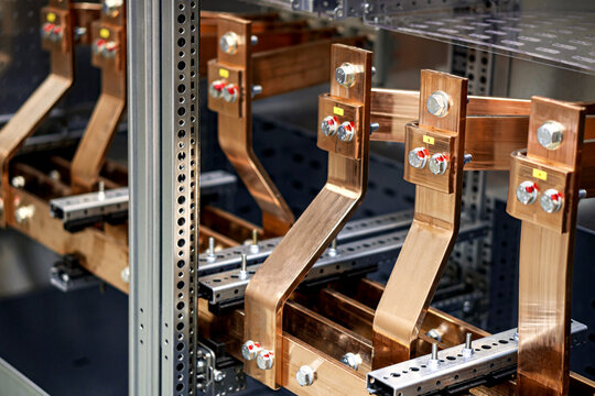 copper busbars in electrical power distribution cabinet