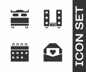 Set Envelope with Valentine heart, Bedroom, Calendar and Home stereo two speakers icon. Vector