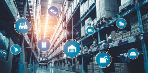Smart warehouse management system with innovative internet of things technology to identify package picking and delivery . Future concept of supply chain and logistic network business .