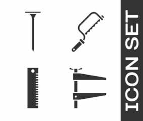 Set Clamp tool, Metallic nail, Ruler and Hacksaw icon. Vector