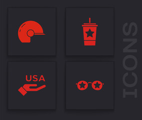 Set Glasses with stars, Baseball helmet, Paper glass straw and USA Independence day icon. Vector