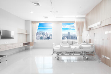 Modern Recovery Room with beds and comfortable medical equipped in a hospital with urban scene as background