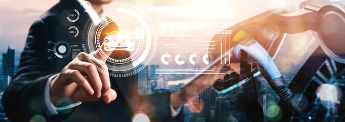 Electric car virtual reality concept with EV charging station for green energy and eco power produced from sustainable source to supply to charger station in order to reduce CO2 emission .