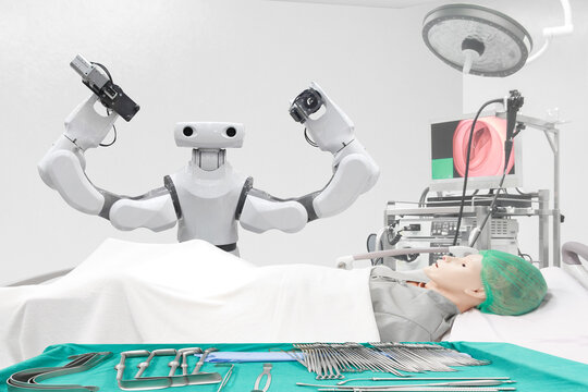 Artificial Intelligence robot operation involving performing surgery on model human in operating room in smart hospital