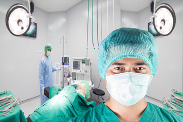  surgeon with team and equipment tools for surgeons in operating room