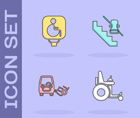 Fototapeta premium Set Electric wheelchair, Disabled, car and elevator icon. Vector