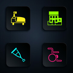 Set Wheelchair, Hospital bed, Crutch or crutches and Medical hospital building. Black square button. Vector