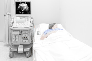 Obstetric ultrasound of fetus by ultrasonic scan for  diagnose the condition of a pregnant woman on the computer screen