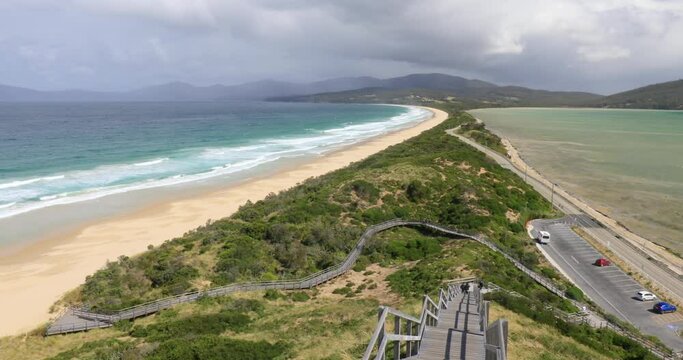 Left to right panning motion of Bruny Island Neck which is a small mass of land connecting north and south Bruny island in southern Tasmania offing stunning 360 degree views, Tasmania, Australia
