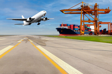 Airplane during landing and container cargo ship with commercial delivery cargo being unloaded with at the harbor and airport