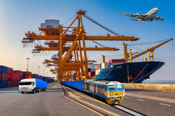 Container loading in a cargo freight ship with crane to shore lift up loading to trains and truck...