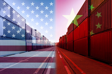 Fototapeta premium Double exposure image of United States of America and China trade war tariffs as two opposing container cargo in port as an economic taxation dispute over import and exports concept