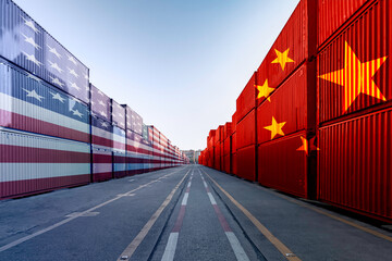 Metaphor image of United States of America and China trade war tariffs as two opposing container cargo in the port as an economic taxation dispute over import and exports concept - obrazy, fototapety, plakaty