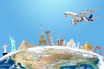 Famous landmarks with airplane around the world concept travel Elements of this image are furnished...