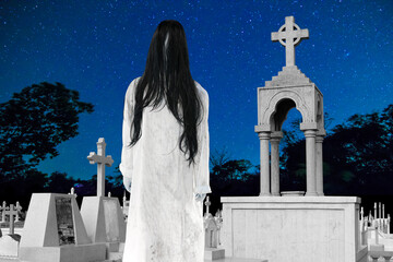 Ghost Girl Horror with Graveyard in night sky