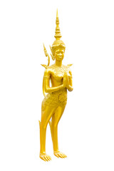 Golden Kinnari statue half-bird, half-woman creature at south-east Asian Buddhist mythology welcome pose,Thailand isolated on white background with clipping path