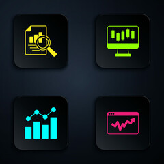 Set Graph chart infographic, Document with, Financial growth and Stocks market graphs. Black square button. Vector