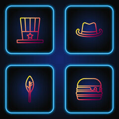 Set line Burger, Indian feather, Patriotic American top hat and Western cowboy. Gradient color icons. Vector