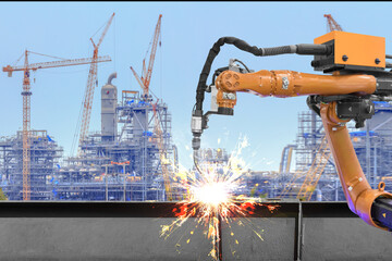Automation robot welder welding i beam steel structure construction by metal arc welding against...