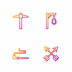 Fototapeta premium Set line Crossed arrows, Smoking pipe, Pickaxe and Gallows. Gradient color icons. Vector