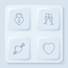 Set line Castle in the shape of heart, Glass champagne, Amour with and arrow and Heart. White square button. Vector
