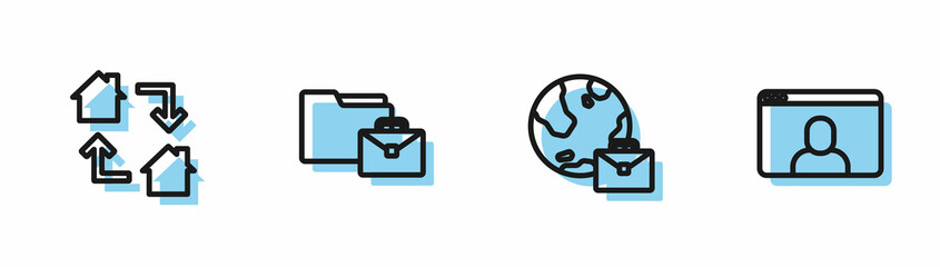 Set line Online working, , and Video chat conference icon. Vector