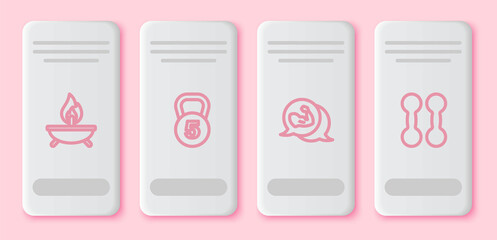 Set line Aroma candle, Weight, Bodybuilder muscle and Dumbbell. White rectangle button. Vector