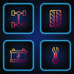 Set line Wrench spanner, Car battery, Chassis car and tire wheel. Gradient color icons. Vector