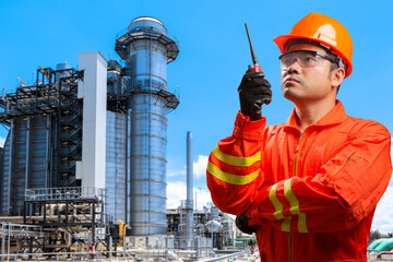 technician with radio communication in action and equipments and machinery with modern thermal...
