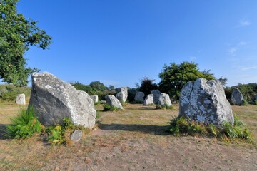 Beautiful menhirs alignment at Erdeven Kerzerho in Brittany Morbihan France