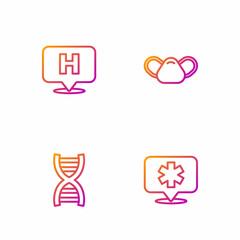 Set line Location hospital, DNA symbol, and Medical protective mask. Gradient color icons. Vector