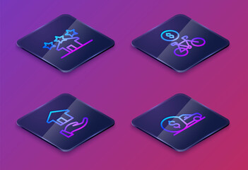 Set Isometric line Real estate, Realtor, Bicycle rental mobile app and Car. Blue square button. Vector